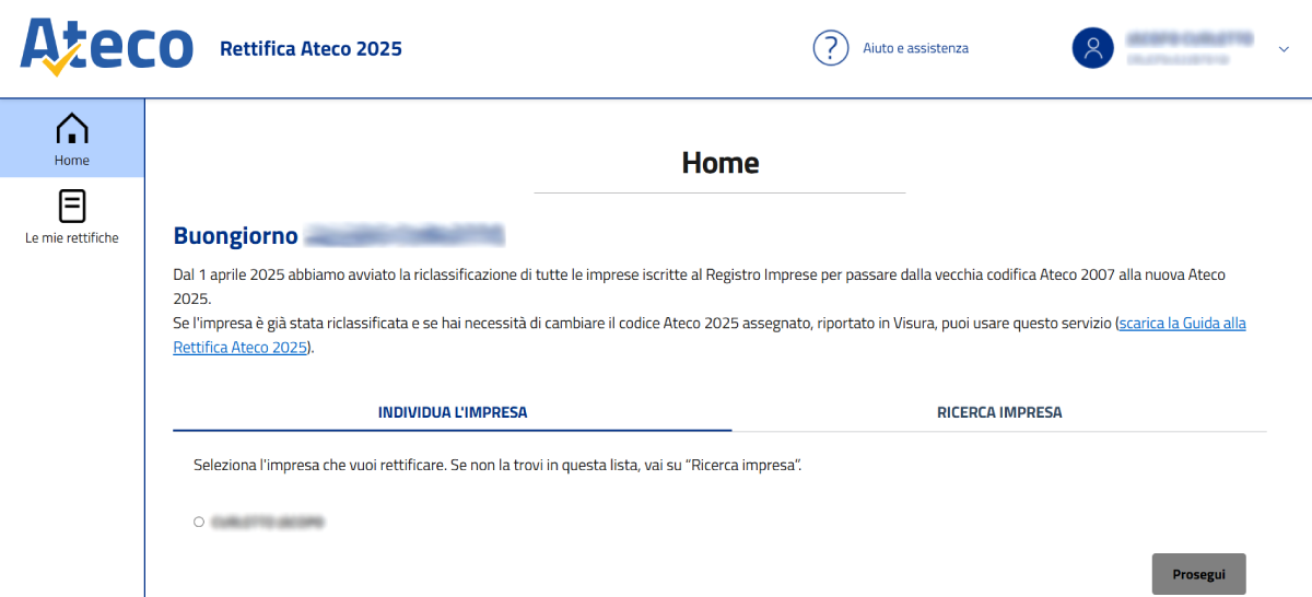 dashboard rettifica ateco