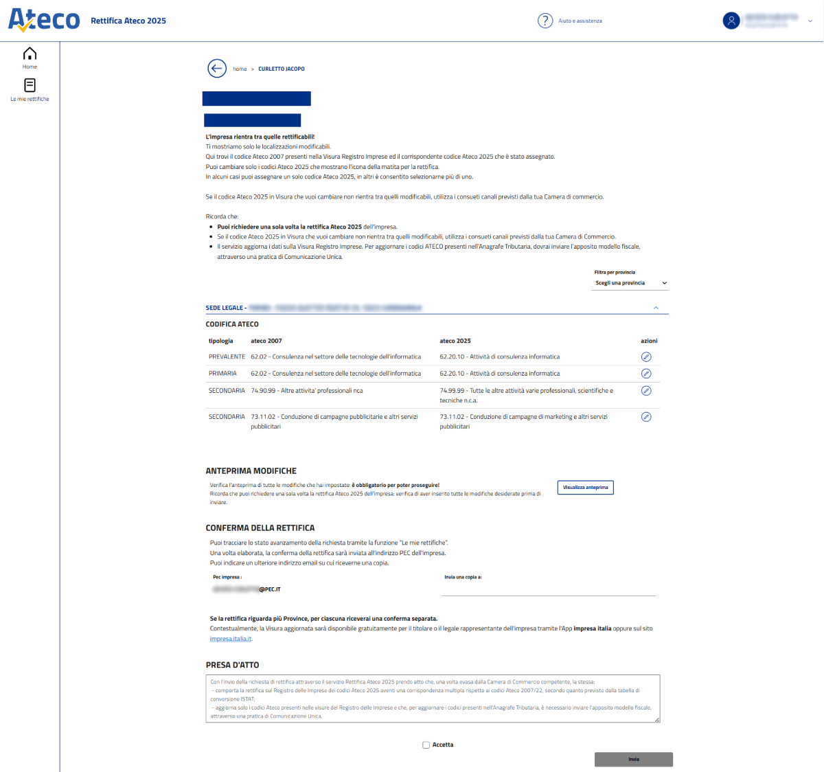 rettifica codice ateco infocamere