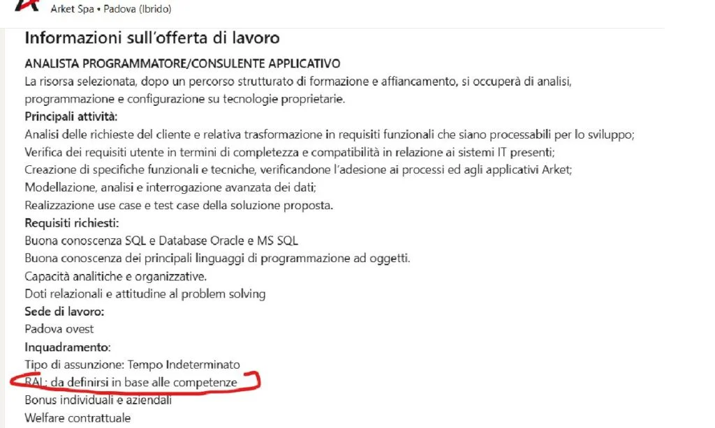 annuncio di lavoro senza ral obbligatoria